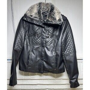 J2 Women’s Moto Leather Jacket Black Size XL Faux Fur Collar Pockets Lightweight